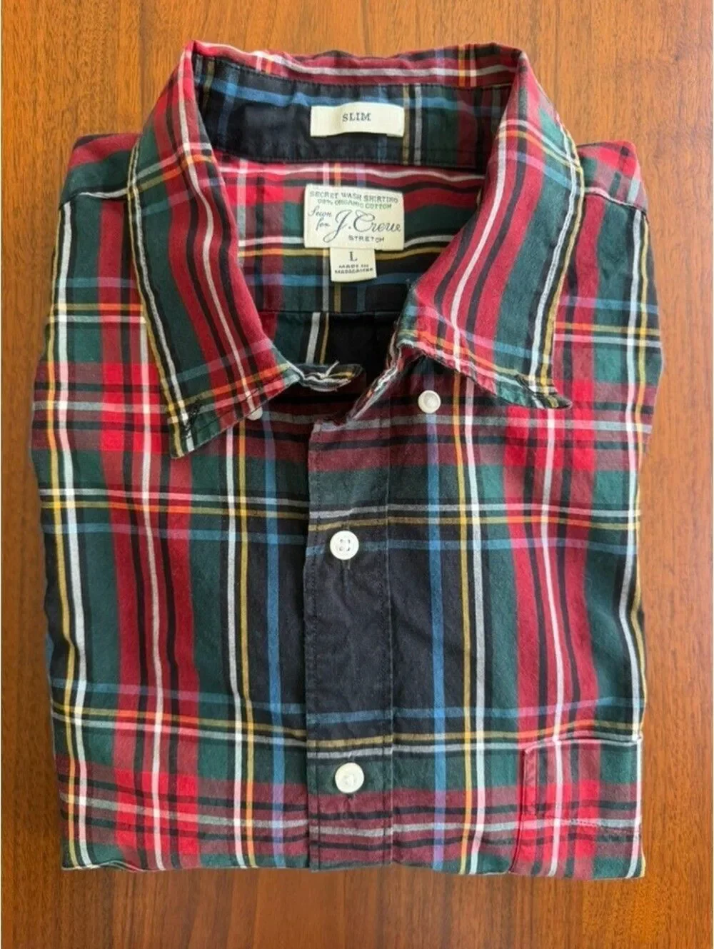 J.Crew Slim Fit Secret Wash Organic Cotton Black Tartan Plaid Shirt - Size L